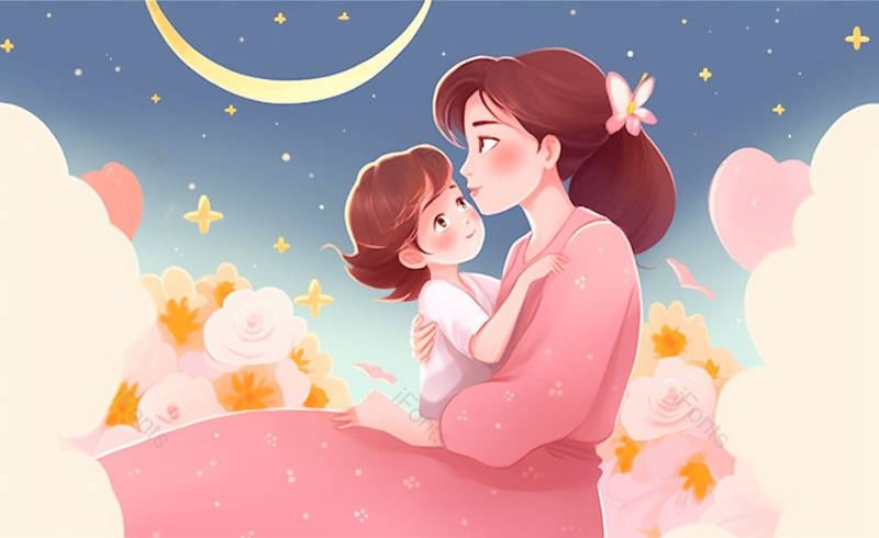 月广夏亲吻孩子卡通小清新母亲节母女插画海报背景宣传图,插画/手绘图,插画/手绘图库,插画/手绘图下载,插画/手绘